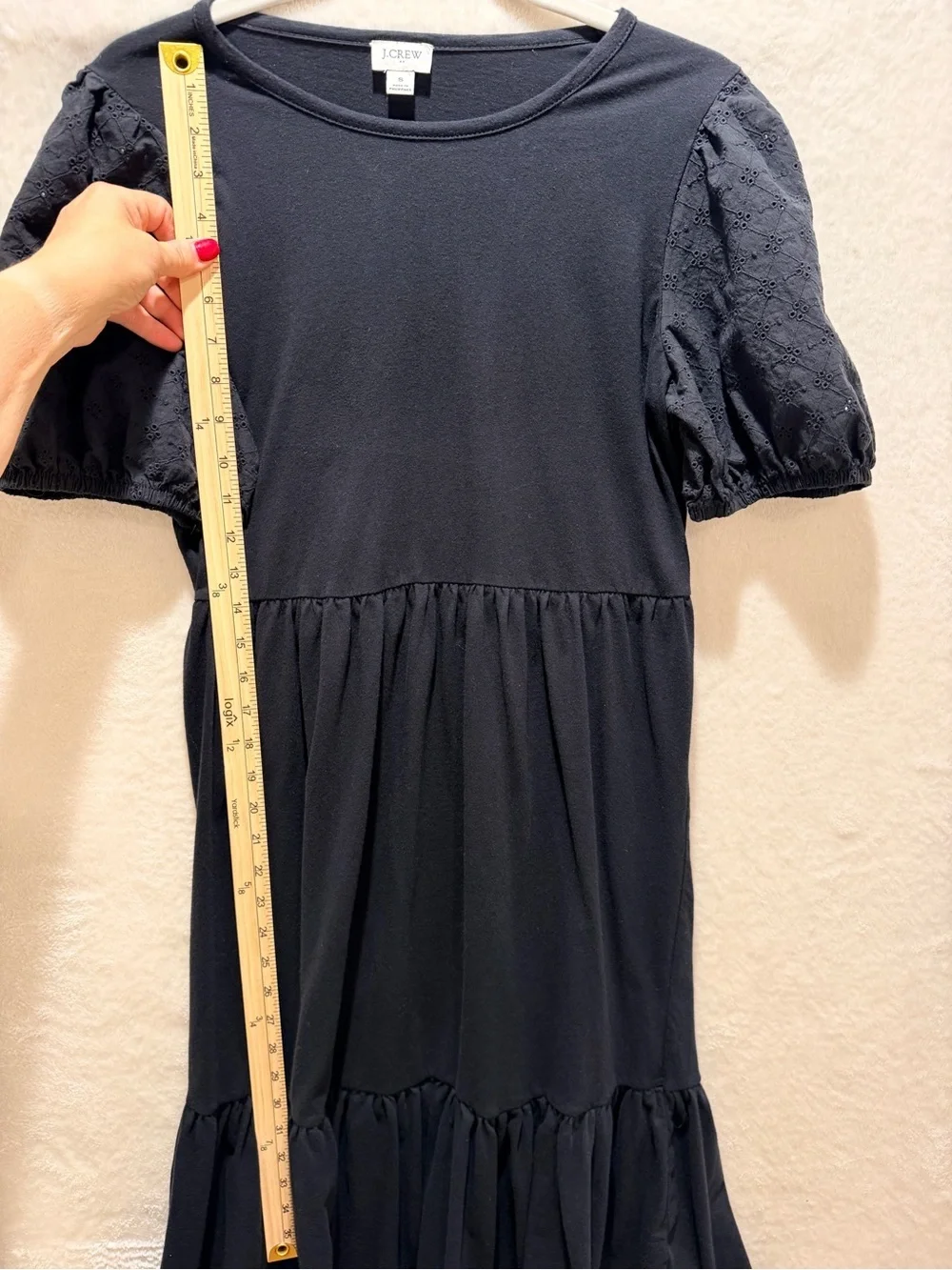 J.Crew black eyelet puff sleeve tiered midi dress small
